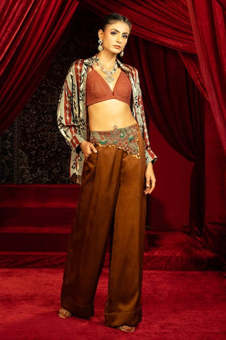 Buy Sonia Baderia Brown Satin Collared Printed Shirt And Mocha Mousse Pant Set Online at Aza Fashions Buy_Sonia Baderia_Brown Satin Collared Printed Shirt And Mocha Mousse Pant Set _Online_at_Aza_Fashions