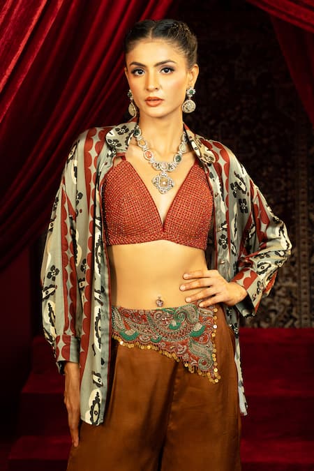 Sonia Baderia Brown Satin Collared Printed Shirt And Mocha Mousse Pant Set at Aza Fashions Sonia Baderia_Brown Satin Collared Printed Shirt And Mocha Mousse Pant Set _at_Aza_Fashions