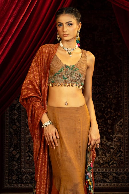 Sonia Baderia_Tan Chanderi, Tissue Embroidery, Color Block Pattern Fish Cut Lehenga Set _Online_at_Aza_Fashions