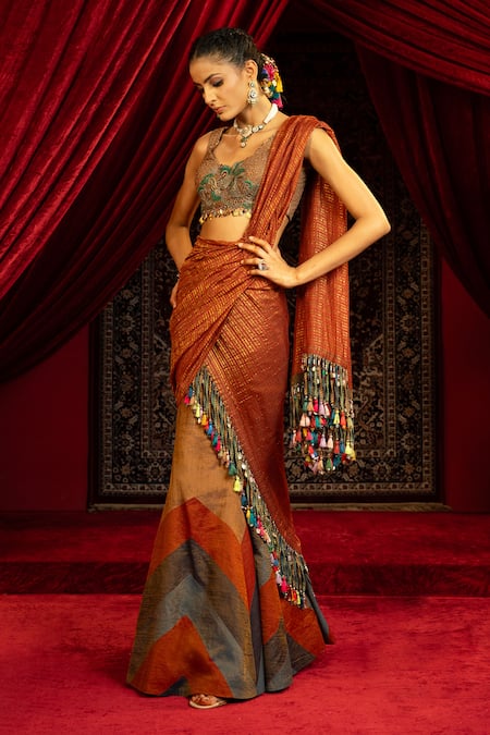 Buy_Sonia Baderia_Tan Chanderi, Tissue Embroidery, Color Block Pattern Fish Cut Lehenga Set _Online_at_Aza_Fashions