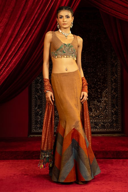 Shop_Sonia Baderia_Tan Chanderi, Tissue Embroidery, Color Block Pattern Fish Cut Lehenga Set _Online_at_Aza_Fashions