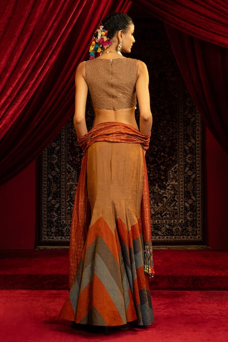 Sonia Baderia Color Block Pattern Fish Cut Lehenga Set 