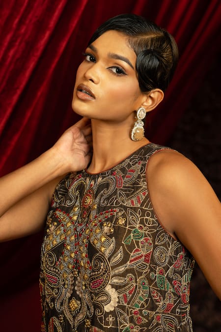 Sonia Baderia_Black Chanderi, Tissue Embroidery Round Neck Hand Dress _Online_at_Aza_Fashions