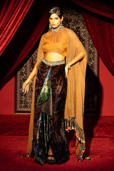 Sonia Baderia Printed Velvet Skirt & Blouse Set 