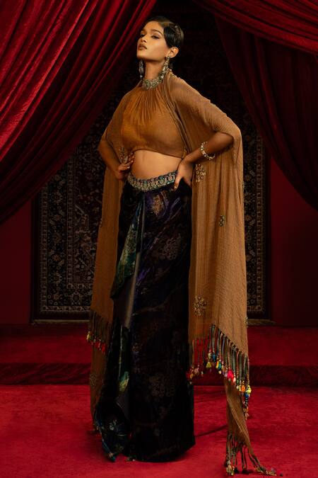 Sonia Baderia_Blue Velvet, Silk, Chanderi, Tissue Embroidery, Printed Skirt And Blouse Set _Online_at_Aza_Fashions