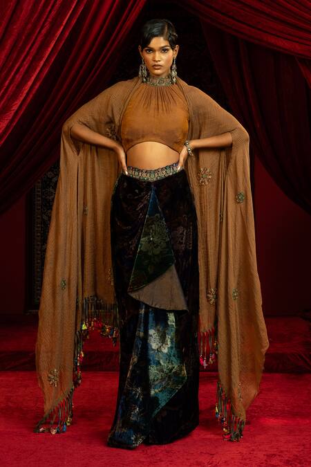 Buy_Sonia Baderia_Blue Velvet, Silk, Chanderi, Tissue Embroidery, Printed Skirt And Blouse Set _Online_at_Aza_Fashions