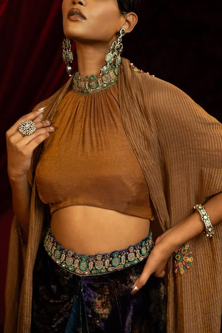 Shop_Sonia Baderia_Blue Velvet, Silk, Chanderi, Tissue Embroidery, Printed Skirt And Blouse Set _Online_at_Aza_Fashions