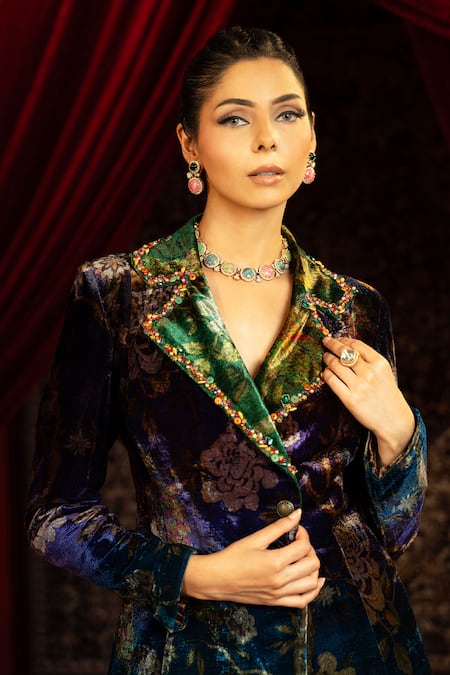 Buy_Sonia Baderia_Multi Color Velvet, Silk Stones, Beads, Embroidery Hand Blazer And Pant Set _Online_at_Aza_Fashions