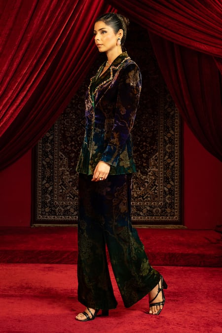 Shop_Sonia Baderia_Multi Color Velvet, Silk Stones, Beads, Embroidery Hand Blazer And Pant Set _Online_at_Aza_Fashions