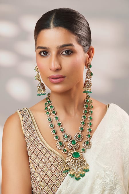 Buy_Zevar By Geeta_Green Pearls, Beads, Stones Long Polki Pendant Necklace Set _Online_at_Aza_Fashions