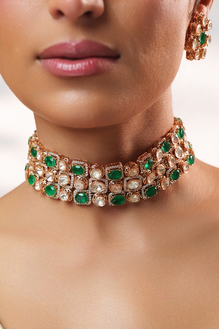 Shop_Zevar By Geeta_Gold Plated Stones, Crystals, Faux Diamonds Two Kundan Choker Set _Online_at_Aza_Fashions