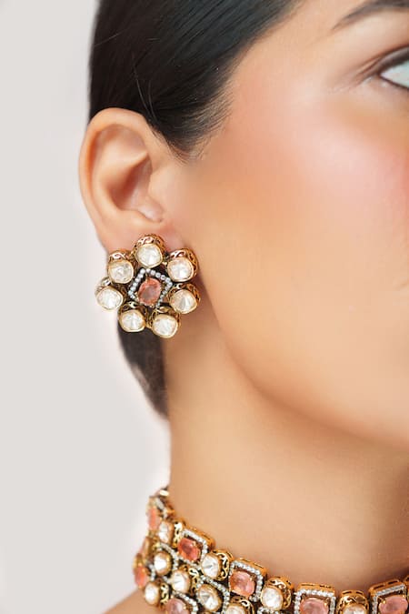 Zevar By Geeta_Pink Crystals, Stones Two Kundan Embellished Choker Set _Online_at_Aza_Fashions