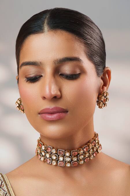 Shop_Zevar By Geeta_Pink Crystals, Stones Two Kundan Embellished Choker Set _Online_at_Aza_Fashions