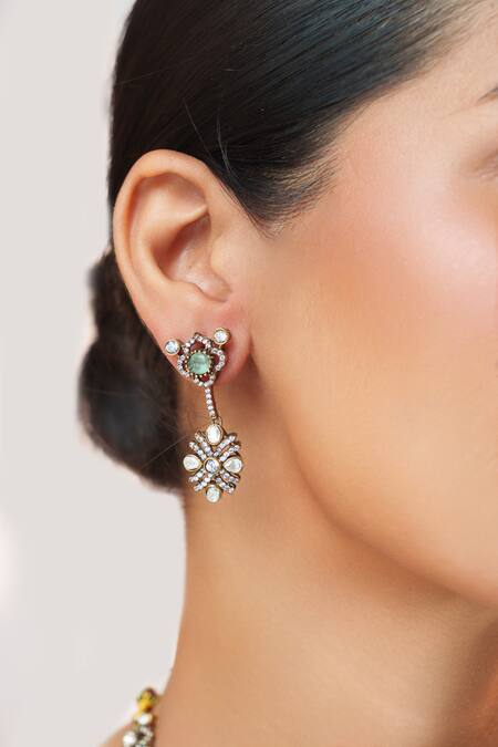 Zevar By Geeta_Green Stones, Crystals, Pearls Two Kundan Polki Necklace Set _Online_at_Aza_Fashions