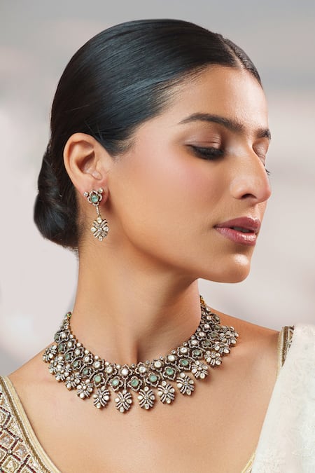 Zevar By Geeta Two Tone Kundan Polki Stone Necklace Set 