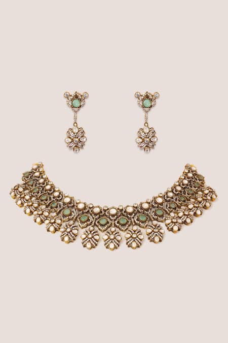 Zevar By Geeta Two Tone Kundan Polki Stone Necklace Set 