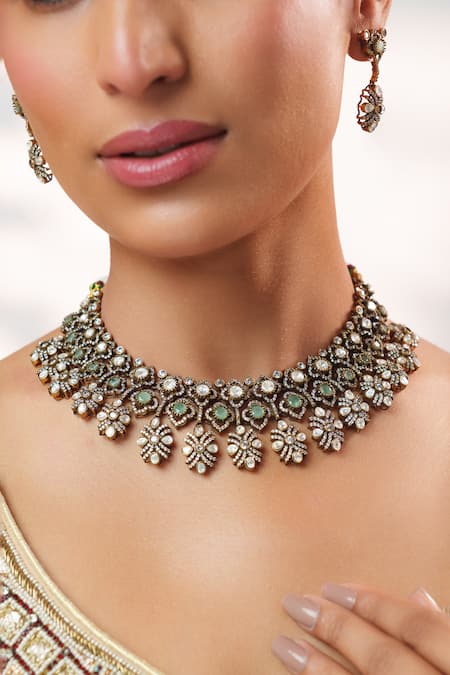 Buy_Zevar By Geeta_Green Stones, Crystals, Pearls Two Kundan Polki Necklace Set _Online_at_Aza_Fashions