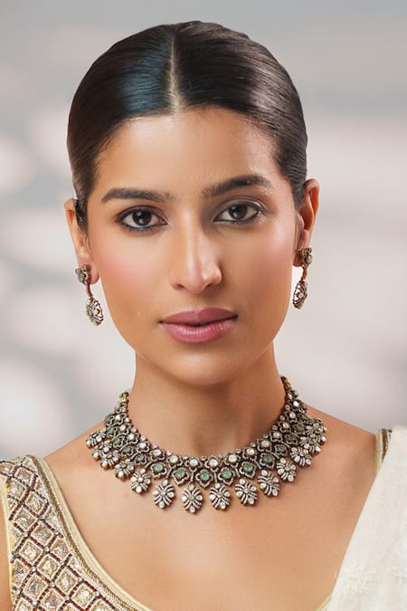 Shop_Zevar By Geeta_Green Stones, Crystals, Pearls Two Kundan Polki Necklace Set _Online_at_Aza_Fashions