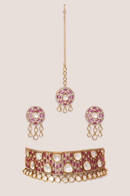 Shop Zevar By Geeta Pink Stones, Crystals Two Polki Choker Set at Aza Fashions Shop_Zevar By Geeta_Pink Stones, Crystals Two Polki Choker Set _at_Aza_Fashions