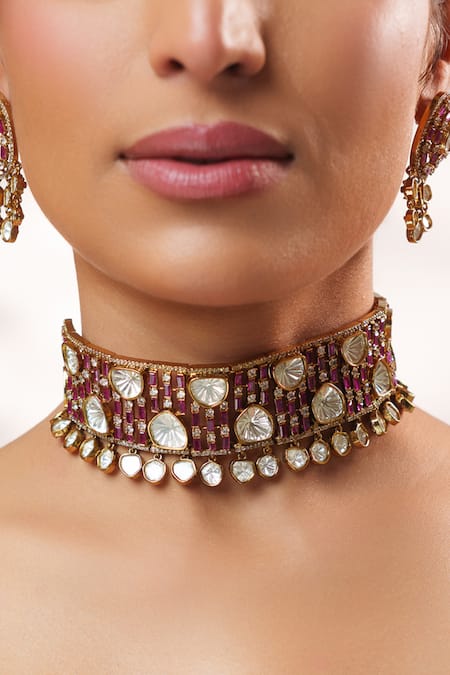 Buy Zevar By Geeta Pink Stones, Crystals Two Polki Choker Set Online at Aza Fashions Buy_Zevar By Geeta_Pink Stones, Crystals Two Polki Choker Set _Online_at_Aza_Fashions