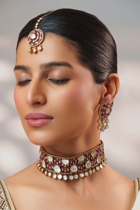 Shop Zevar By Geeta Pink Stones, Crystals Two Polki Choker Set Online at Aza Fashions Shop_Zevar By Geeta_Pink Stones, Crystals Two Polki Choker Set _Online_at_Aza_Fashions