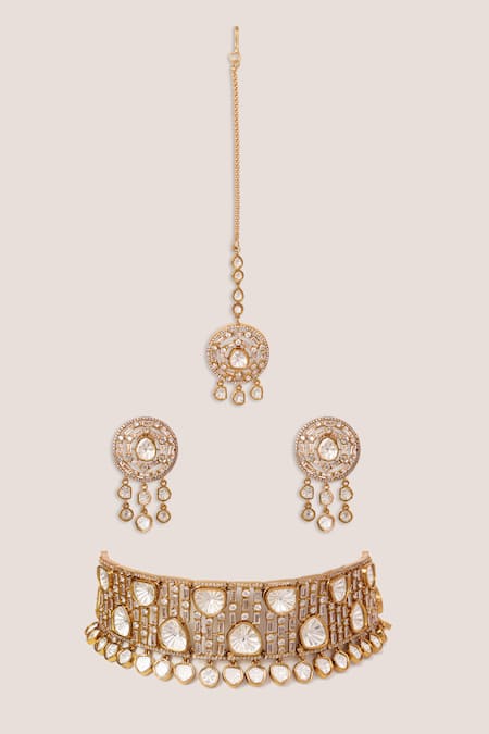 Shop Zevar By Geeta Gold Plated Stones, Crystals Two Polki Embellished Choker Set at Aza Fashions Shop_Zevar By Geeta_Gold Plated Stones, Crystals Two Polki Embellished Choker Set _at_Aza_Fashions