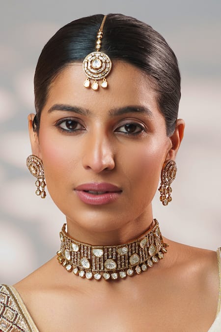 Zevar By Geeta Gold Plated Stones, Crystals Two Polki Embellished Choker Set Online at Aza Fashions Zevar By Geeta_Gold Plated Stones, Crystals Two Polki Embellished Choker Set _Online_at_Aza_Fashions