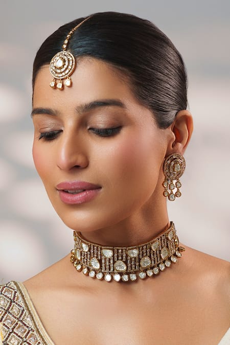 Zevar By Geeta Gold Plated Stones, Crystals Two Polki Embellished Choker Set 