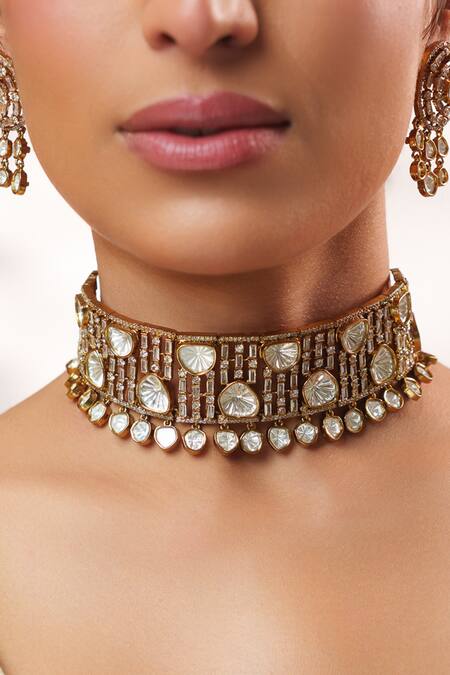 Shop Zevar By Geeta Gold Plated Stones, Crystals Two Polki Embellished Choker Set Online at Aza Fashions Shop_Zevar By Geeta_Gold Plated Stones, Crystals Two Polki Embellished Choker Set _Online_at_Aza_Fashions