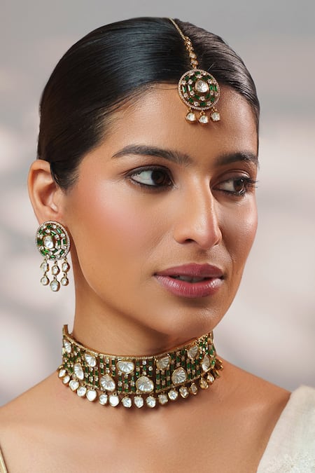 Zevar By Geeta Gold Plated Stones, Pearls Two Polki Studded Choker Set 