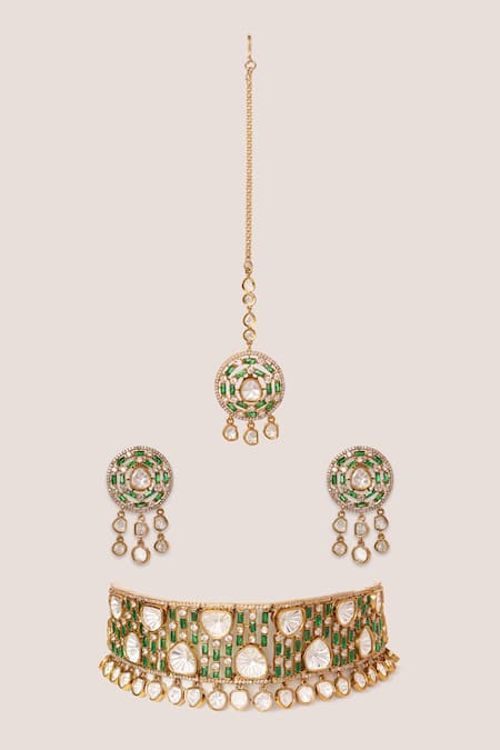 Shop_Zevar By Geeta_Gold Plated Stones, Pearls Two Polki Studded Choker Set _at_Aza_Fashions