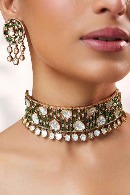 Buy_Zevar By Geeta_Gold Plated Stones, Pearls Two Polki Studded Choker Set _Online_at_Aza_Fashions