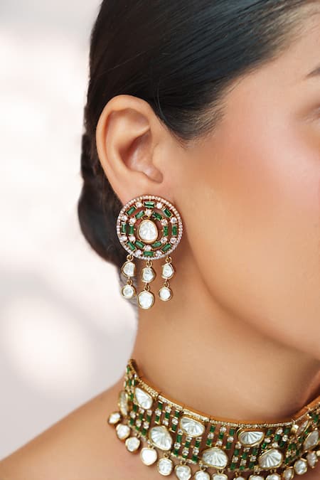 Shop_Zevar By Geeta_Gold Plated Stones, Pearls Two Polki Studded Choker Set _Online_at_Aza_Fashions