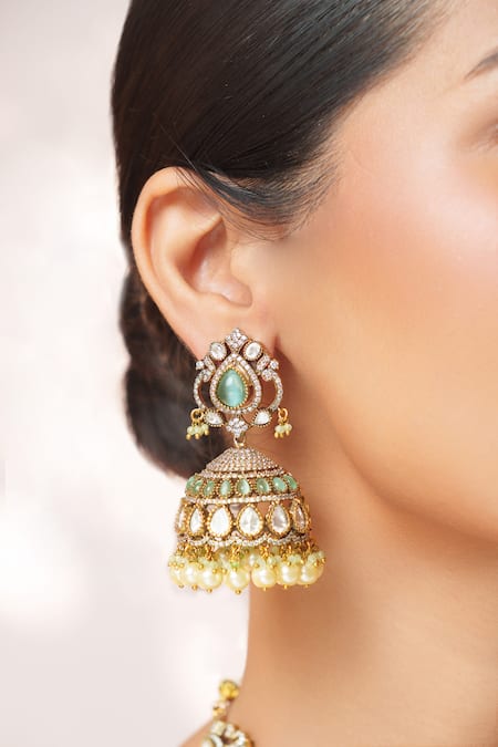 Buy_Zevar By Geeta_Green Pearls, Stones, Crystals Long Polki Pendant Necklace Set _Online_at_Aza_Fashions