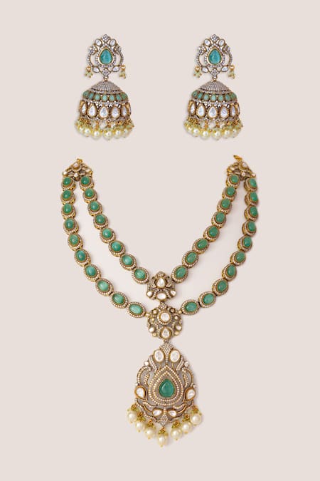Zevar By Geeta Long Polki Pendant Necklace Set 