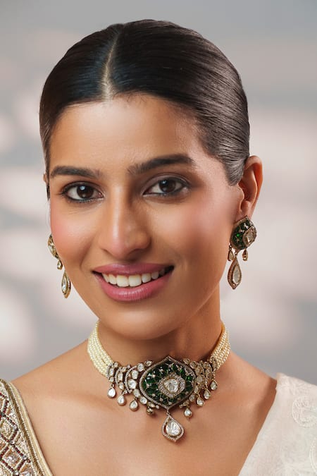 Zevar By Geeta_Multi Color Stones, Crystals, Faux Diamonds Two Polki Pendant Choker Set _Online_at_Aza_Fashions