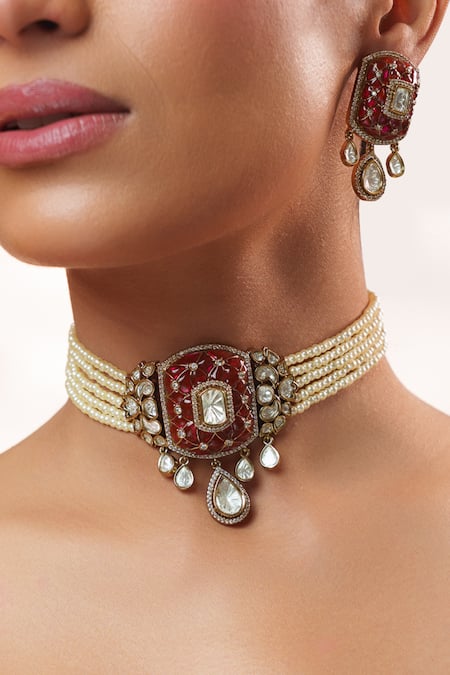 Buy_Zevar By Geeta_Pink Pearls, Stones, Crystals, Rhinestones Two Polki Pendant Choker Set _Online_at_Aza_Fashions