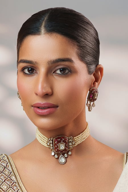 Shop_Zevar By Geeta_Pink Pearls, Stones, Crystals, Rhinestones Two Polki Pendant Choker Set _Online_at_Aza_Fashions