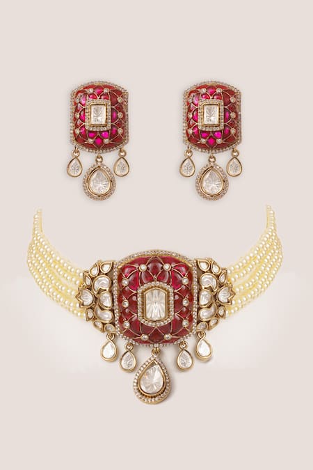 Zevar By Geeta Two Tone Polki Pendant Choker Set 