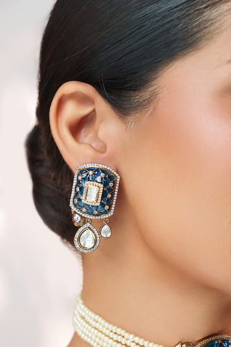 Zevar By Geeta_Blue Stones, Pearls, Crystals Polki Embellished Pendant Choker Set _Online_at_Aza_Fashions