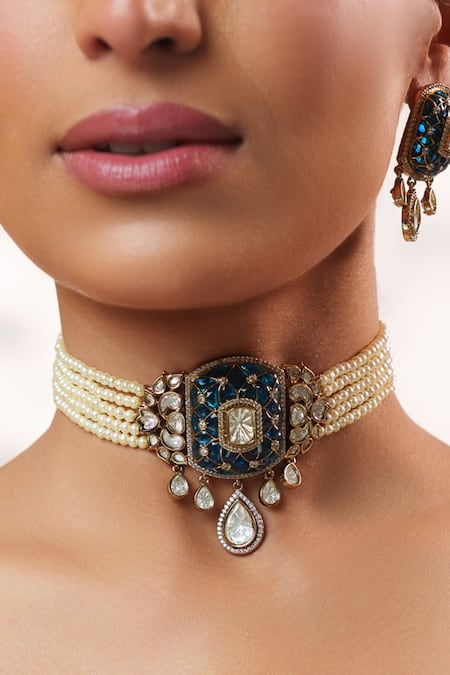 Buy_Zevar By Geeta_Blue Stones, Pearls, Crystals Polki Embellished Pendant Choker Set _Online_at_Aza_Fashions