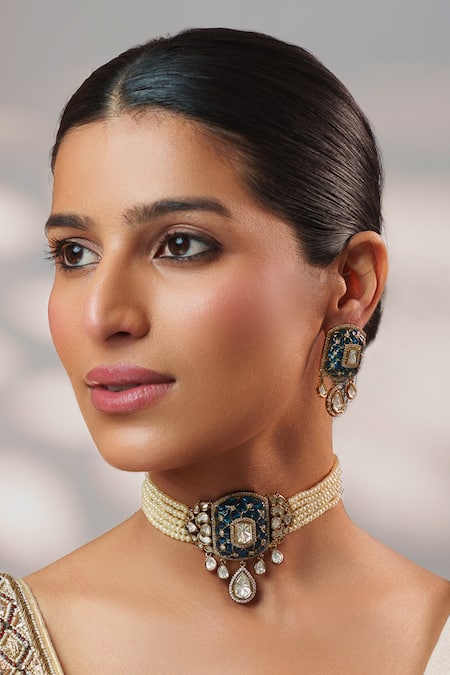 Zevar By Geeta_Blue Stones, Pearls, Crystals Polki Embellished Pendant Choker Set _at_Aza_Fashions