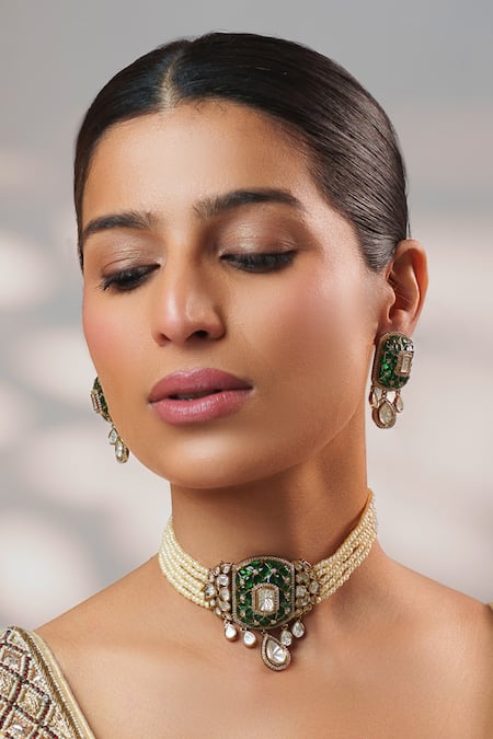 Zevar By Geeta_Green Stones, Crystals, Faux Diamonds Polki Embellished Pendant Choker Set _Online_at_Aza_Fashions