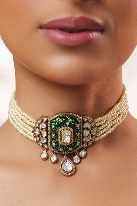 Buy_Zevar By Geeta_Green Stones, Crystals, Faux Diamonds Polki Embellished Pendant Choker Set _Online_at_Aza_Fashions