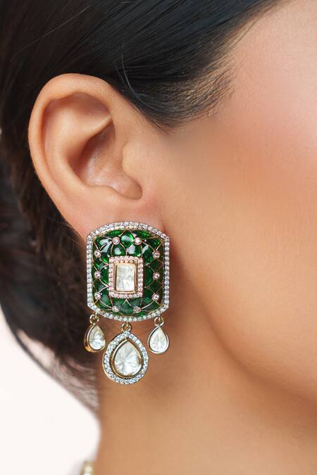 Shop_Zevar By Geeta_Green Stones, Crystals, Faux Diamonds Polki Embellished Pendant Choker Set _Online_at_Aza_Fashions