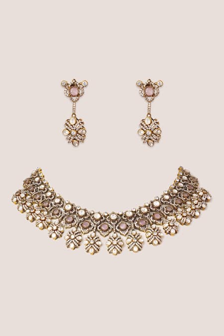 Zevar By Geeta Two Tone Kundan Polki Stone Necklace Set 