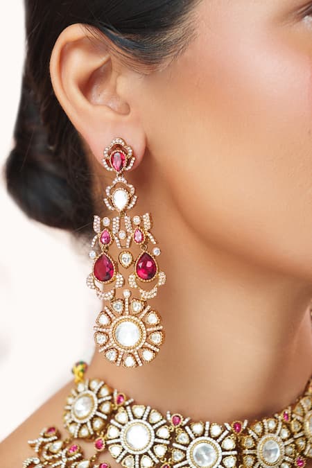 Zevar By Geeta_Gold Plated Stones, Crystals Polki Embellished Necklace Set _Online_at_Aza_Fashions