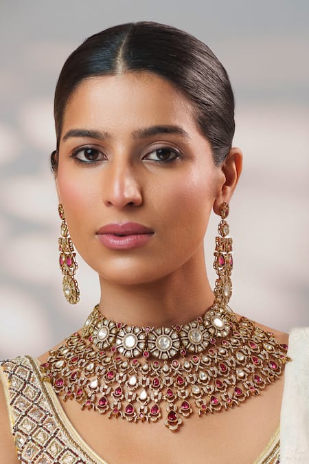 Buy_Zevar By Geeta_Gold Plated Stones, Crystals Polki Embellished Necklace Set _Online_at_Aza_Fashions