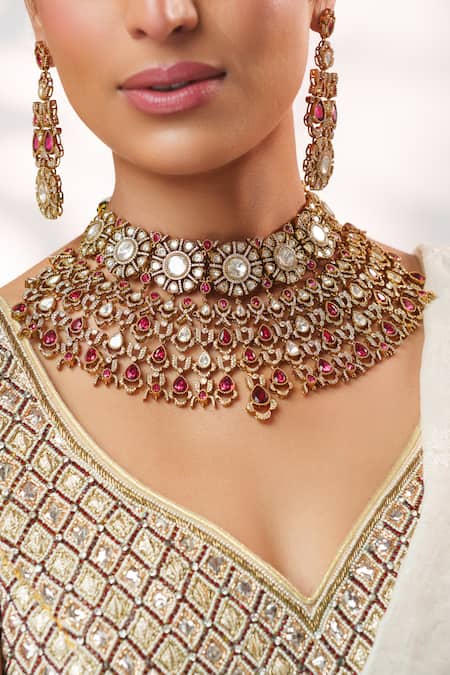 Shop_Zevar By Geeta_Gold Plated Stones, Crystals Polki Embellished Necklace Set _Online_at_Aza_Fashions