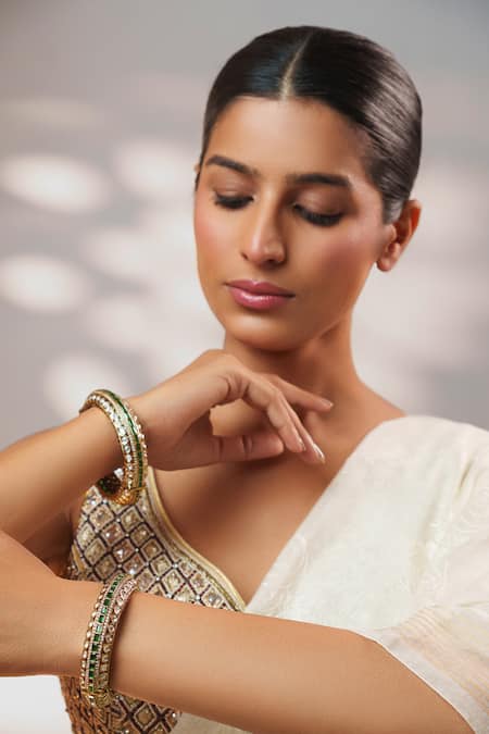 Zevar By Geeta_Green Stones, Crystals, Faux Diamonds Two Kundan Polki Bangles - Set Of 2 _Online_at_Aza_Fashions